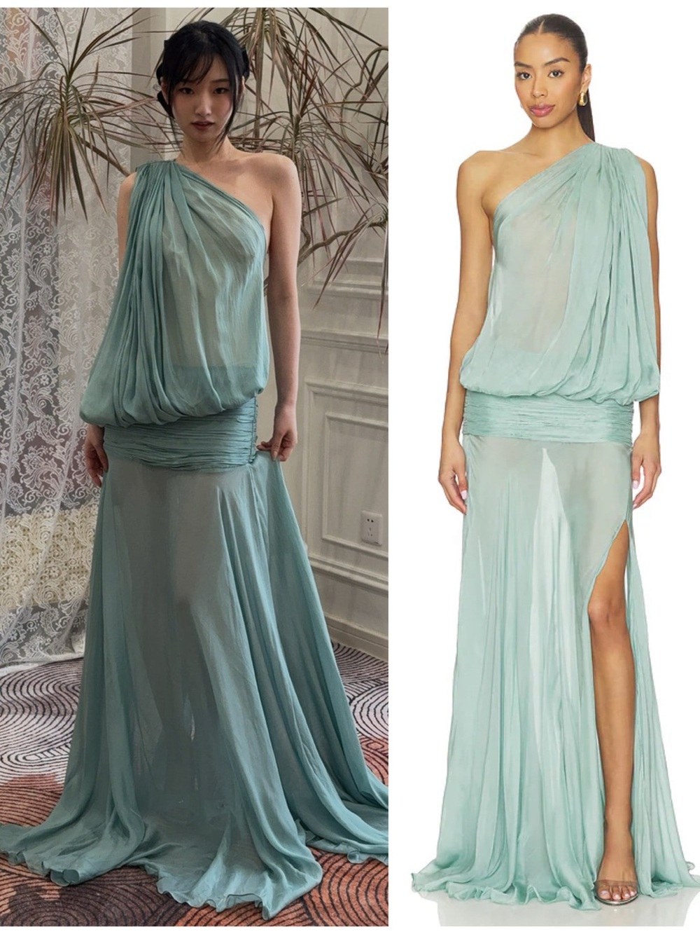 NWT Deme by Gabriella Ava Long One Shoulder Maxi Sheer Gown Pale Teal Women’s XS